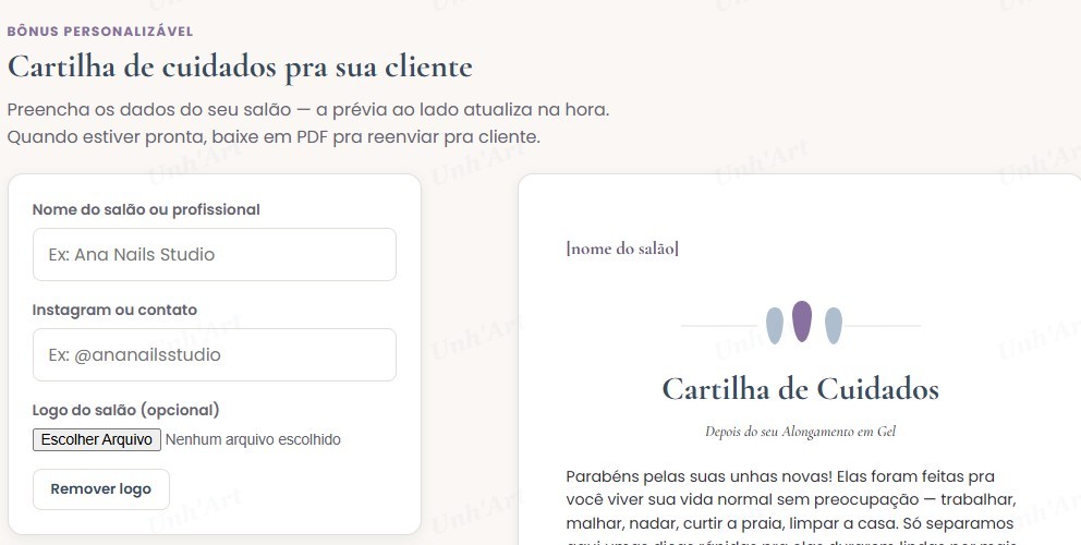 Cartilha de cuidados personalizável com nome e Instagram do salão, pronta para baixar em PDF